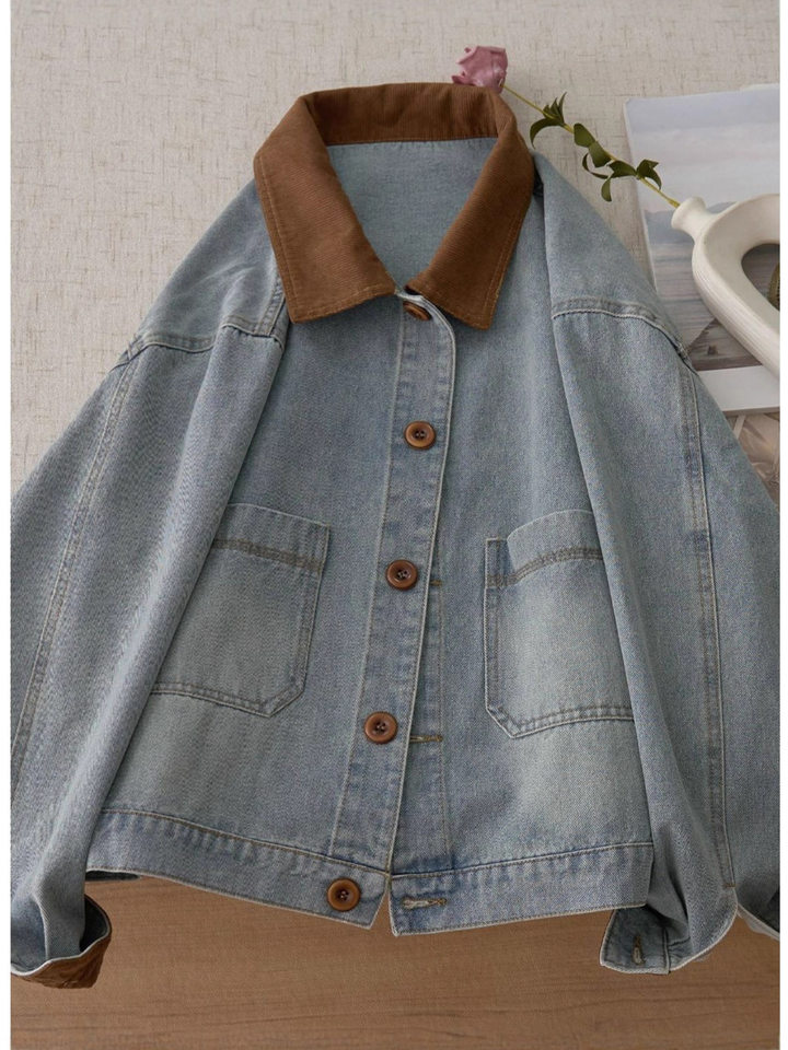 Áo khoác denim ngắn nữ dáng ôm, tay dài, cổ áo màu tương phản, phong cách Hàn Quốc — màu xanh denim