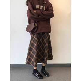 毛呢复古格纹半裙女大码300斤胖mm冬季美拉德穿搭a字格子半身裙子