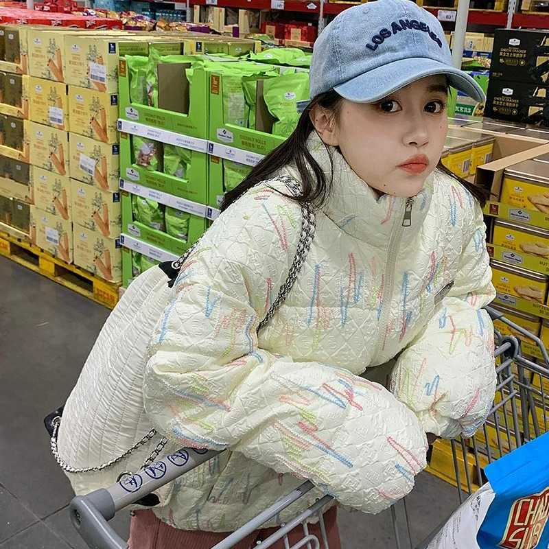 实拍彩虹压皱新款羽绒棉服女短款韩系时尚宽松学生面包服棉衣外套