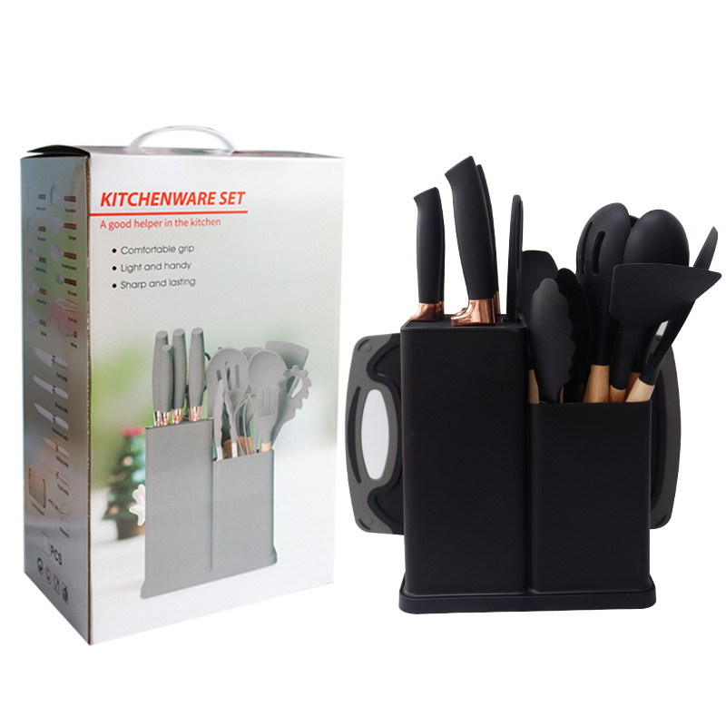 Pala de silicona, cuchara de sopa, juego de 19 piezas, sartén antiadherente, pala de silicona, cocina de silicona doméstica de grado alimenticio, juego de cuchillos al por mayor