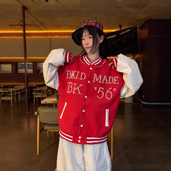 珍珠红色拼接棒球服男女hiphop高街撞色短款夹克美式复古情侣外套