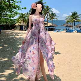 夏威夷度假风碎花挂脖连衣裙仙女吊带裙图片色雪纺修身型源头工厂