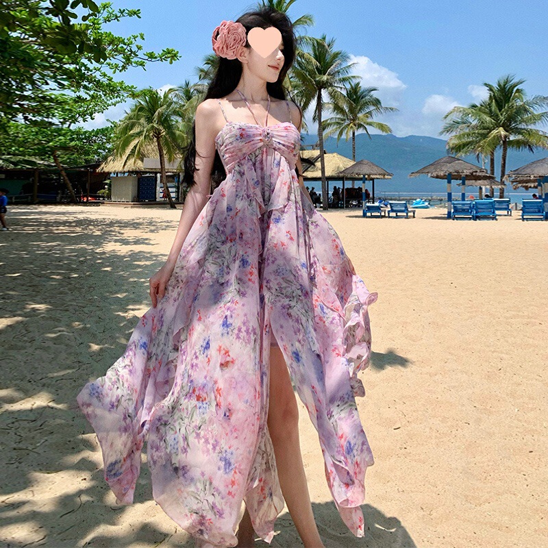 Hawaiian Resort Style Floral Halter Neck Dress Fairy Slip Dress in Picture Color Chiffon Slim Fit Direct from Factory