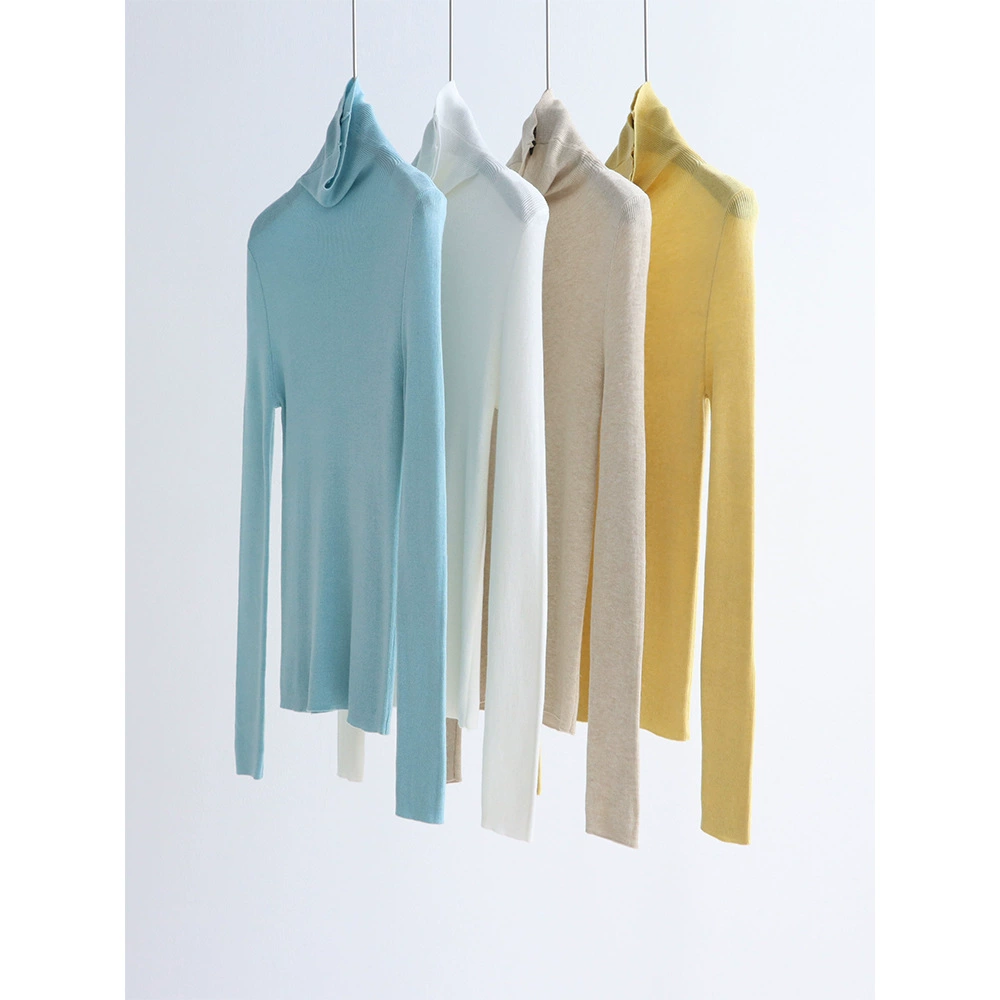 Вечнозеленый трикотаж из смесовой шерсти с ворсовым воротником и взрывоопасным ворсом Узкая Базовая рубашка Осенне-зимний однотонный Универсальный женский пуловер