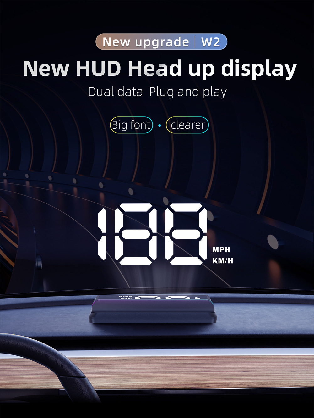 Cross-border W2 universal car HUD head-up display with Beidou satellite, adjustable speed, vehicle speedometer KMH/MPH