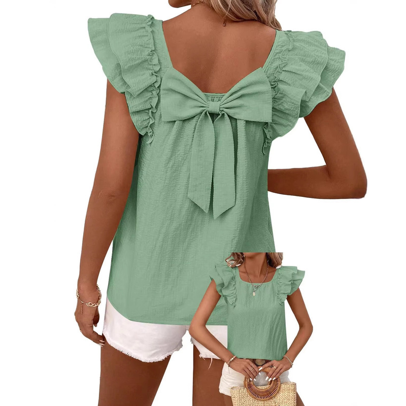 Amazon Women's Bow-Tie Style Backless Top, Round Neck Ruffled Short-Sleeve Shirt, Cute Babydoll Shirt Amazon Women's Bow-Tie Style Backless Top, Round Neck Ruffled Short-Sleeve Shirt, Cute Babydoll Shirt