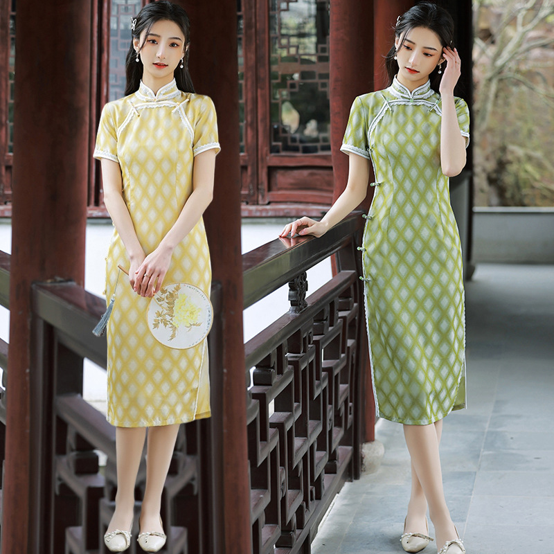中长款旗袍弹力仿丝2022春夏日常中国风复古走秀改良连衣裙优雅