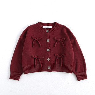 Autumn 2024 Children's Sweater Korean Long Sleeve Red Sweater Coat Female Baby Korean Knitted Cardigan Top