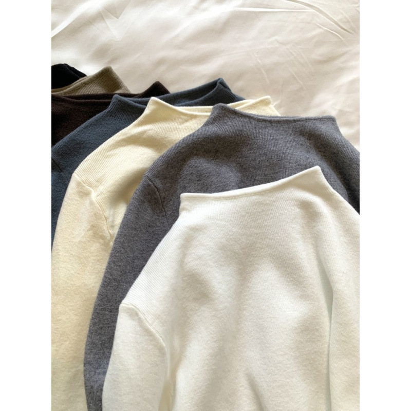 Swan Collar Half-High Collar Knitted Base Shirt for Women, Spring, Autumn, and Winter Solid Color Slim Fit Long-Sleeve Pullover Sweater for Women
