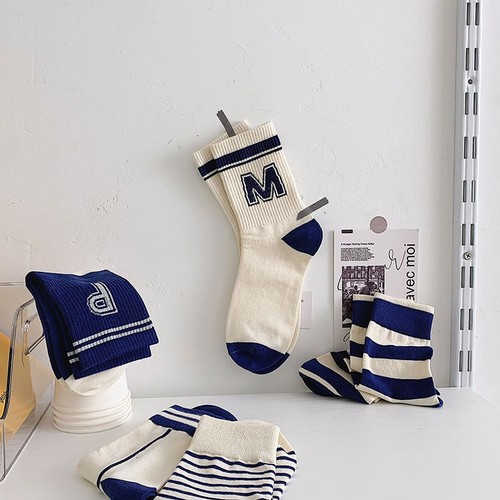 Women's Summer New Cotton Sports Ins Trend Striped Alphabet Socks Summer Refined Cotton Socks Wholesale