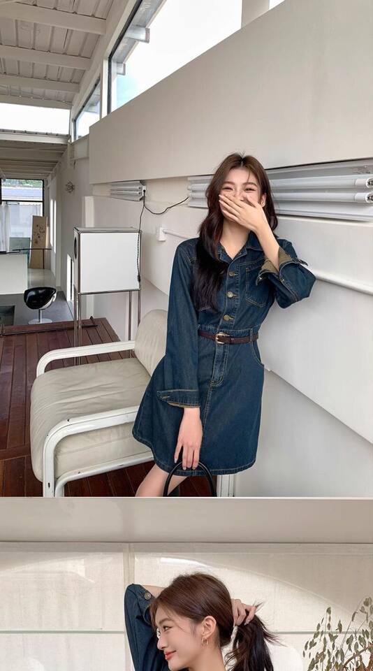 Đầm denim nữ dáng chữ A cổ polo tay dài chiết eo phong cách retro — Váy ngắn denim xanh chi tiết 8