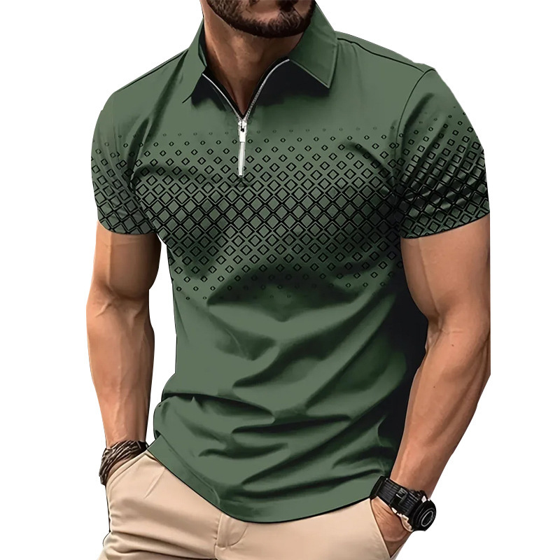 Cross-Border Amazon Men's Polo Shirt Summer New Youth Casual 3D Checkered Print Zipper Polo Shirt for Men