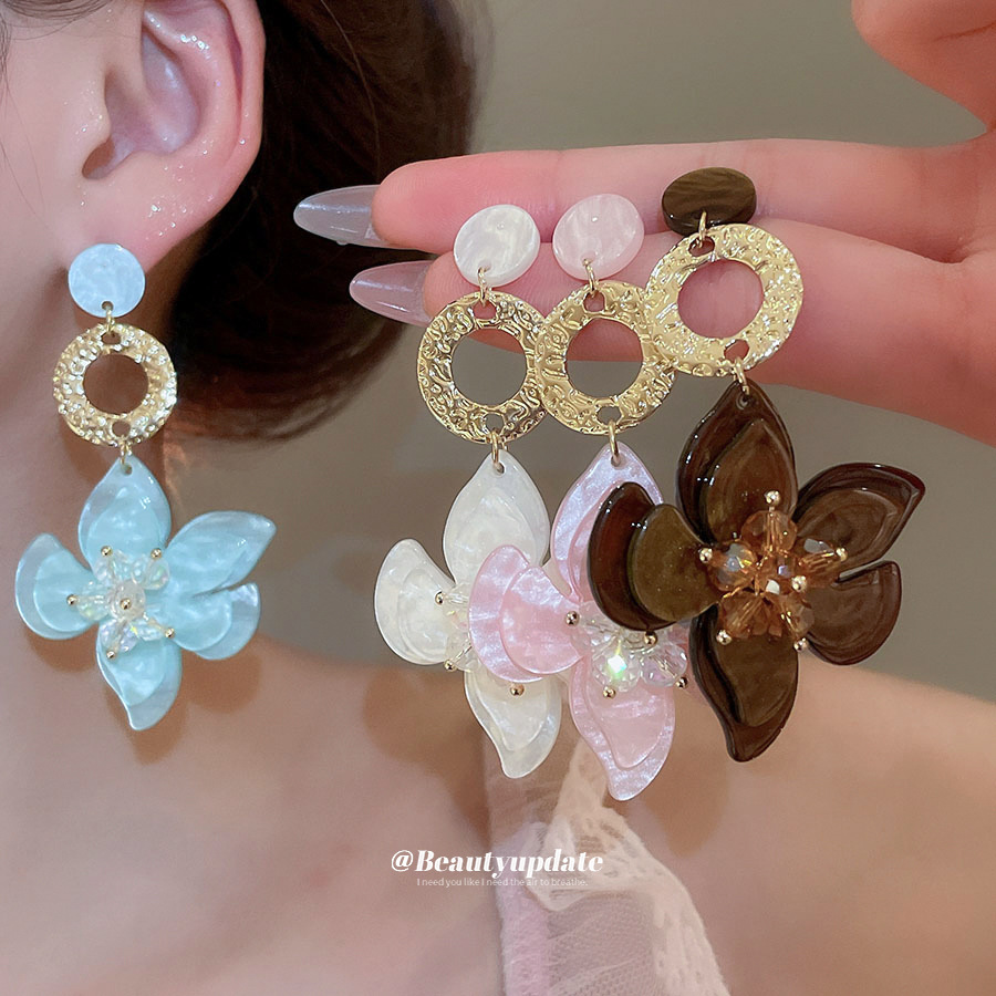 Pendientes de borla de flor de vidrio de resina de aguja de plata Pendientes de lujo ligero y dulce de alta gama Pendientes de nicho de moda mujer