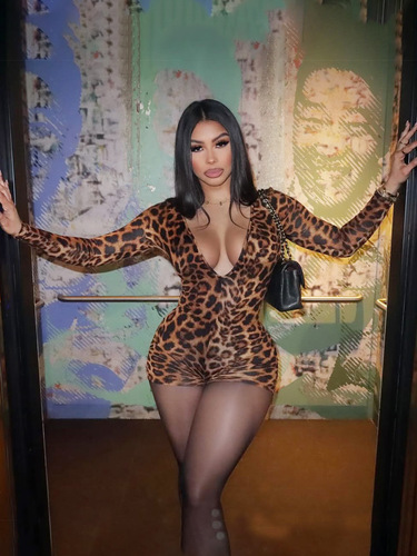 Women's Fashionable Sexy Tight Bodysuit with Leopard Print V-Neck Long Sleeve - New Autumn/Winter Best Selling US Women's Apparel