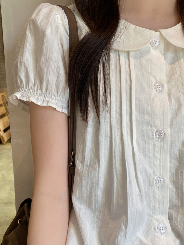 奶兔星球-自制 暗竖条肌理感元宝领白色衬衫女夏薄款纯棉短袖上衣|undefined