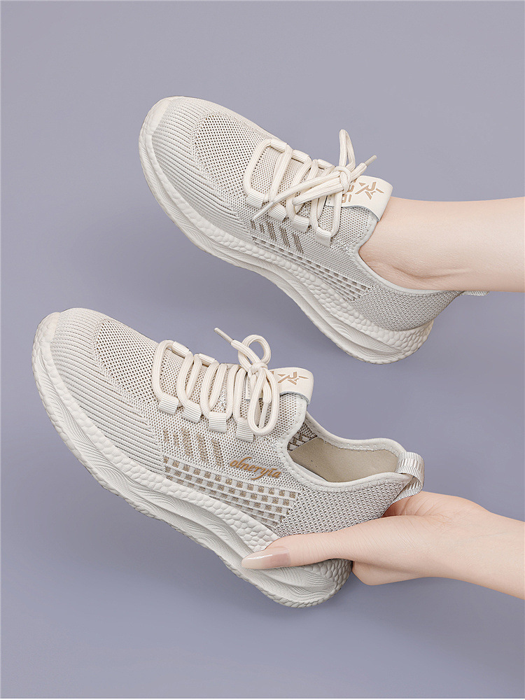 Giày sneaker nữ dệt kim lưới thoáng khí đế mềm đi bộ chạy bộ du lịch — 6045 Màu be, 6045 Da đen chi tiết 8