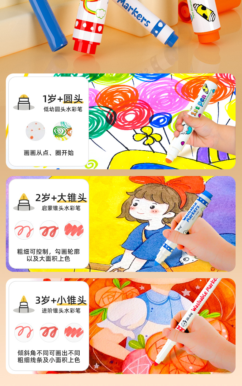 跨境儿童水彩笔套装批发 亲肤可水洗12/24色彩笔小学生锥头画笔详情2