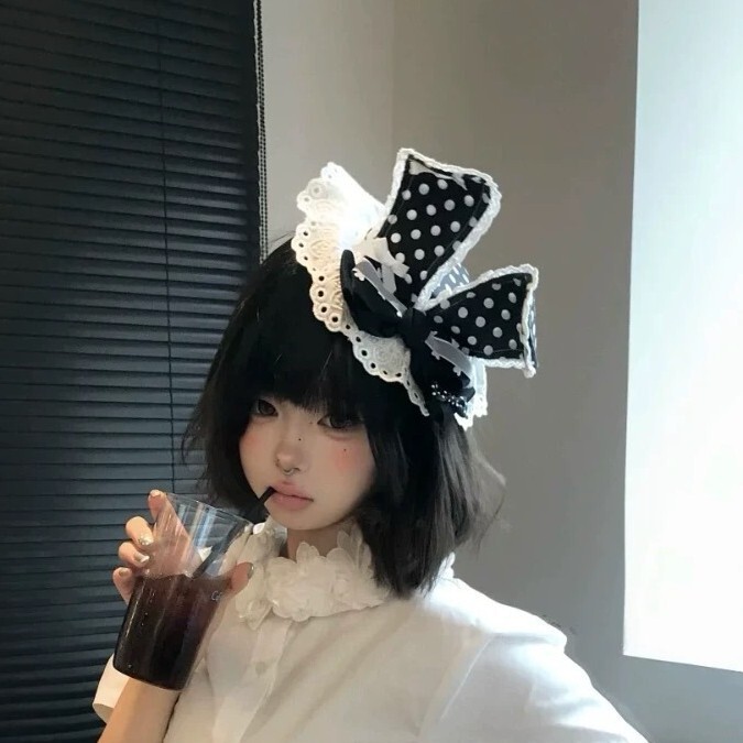 蝴蝶结花边波点兔耳洛丽塔配饰帽子春夏可爱发卡头饰甜美少女发夹|undefined
