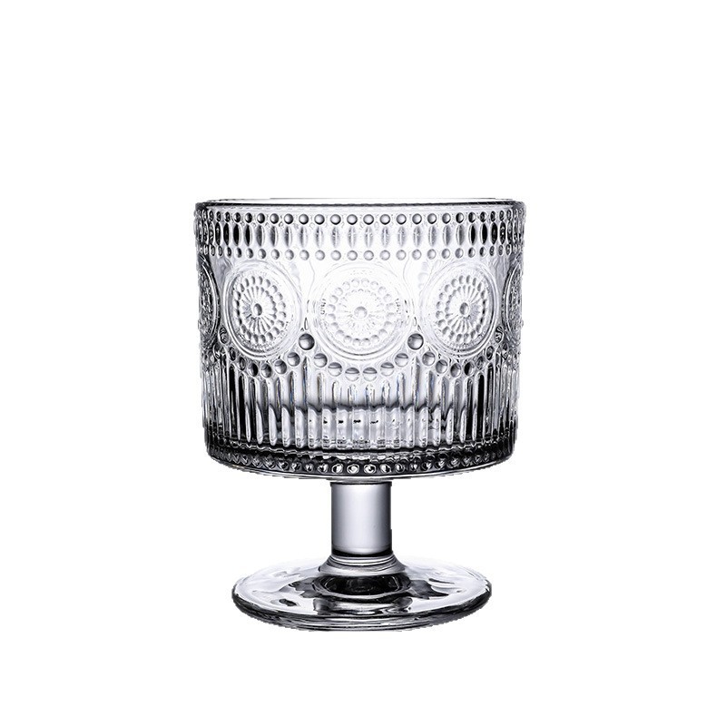 Taza de vidrio de pies cortos medieval taza de bebida fría de jugo casero taza de helado de alto valor de cara taza de helado taza de postre de nicho