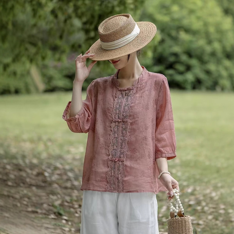 2025 summer new ramie small stand collar ramie embroidery stitching lace half sleeve shirt