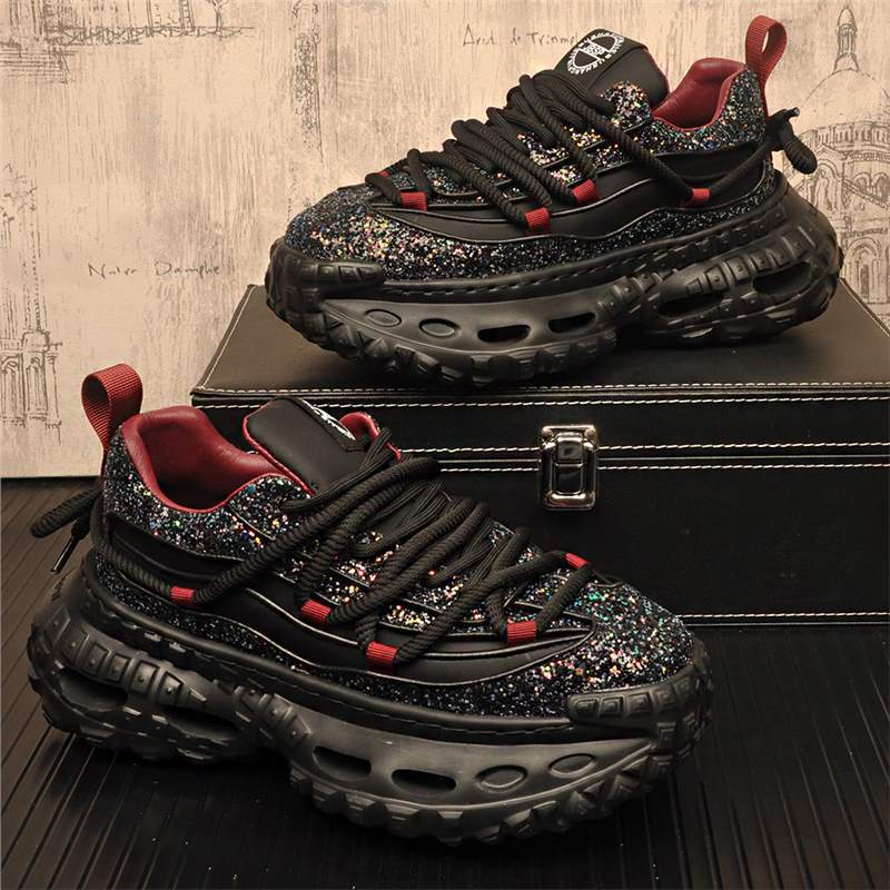 Casual Sports Men's Shoes Thick Sole All-match Torre Shoes Niche Designer Sequin Fashion Shoes Black Samurai Trendy Shoes for Men