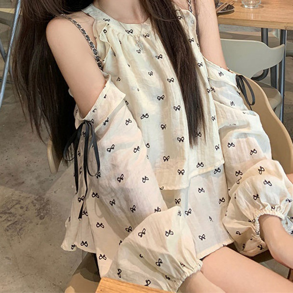 春秋新款小个子甜美减龄蝴蝶结修身显瘦露肩衬衫宽松挂脖娃娃衫女|undefined