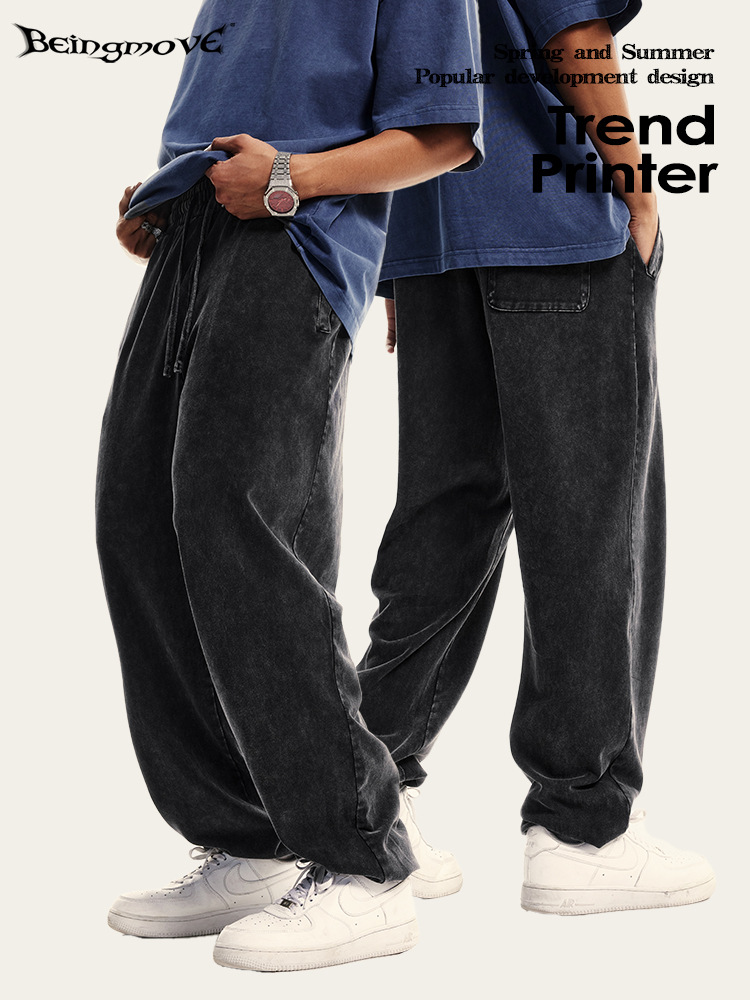 2025 primavera y verano marca de moda delgada pantalones deportivos lavados con agua industria pesada sueltos pantalones largos casuales ligeros para hombres