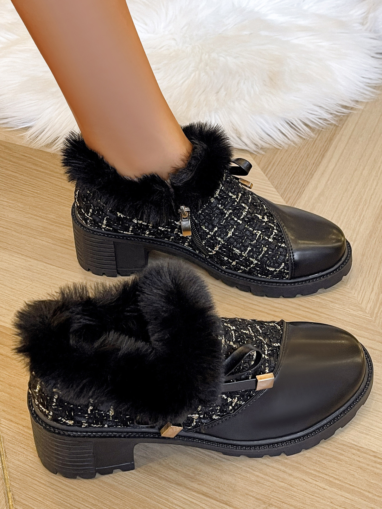 Autumn and winter new round head thick heel women's cotton boots and warm Martin boots_voghion.com