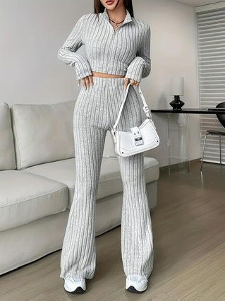 Fashion Pure Color Ribbed Two-Piece Set: Zipper Long-Sleeve Short Top and High-Waist Bell Bottom Pants Set for Women Casual