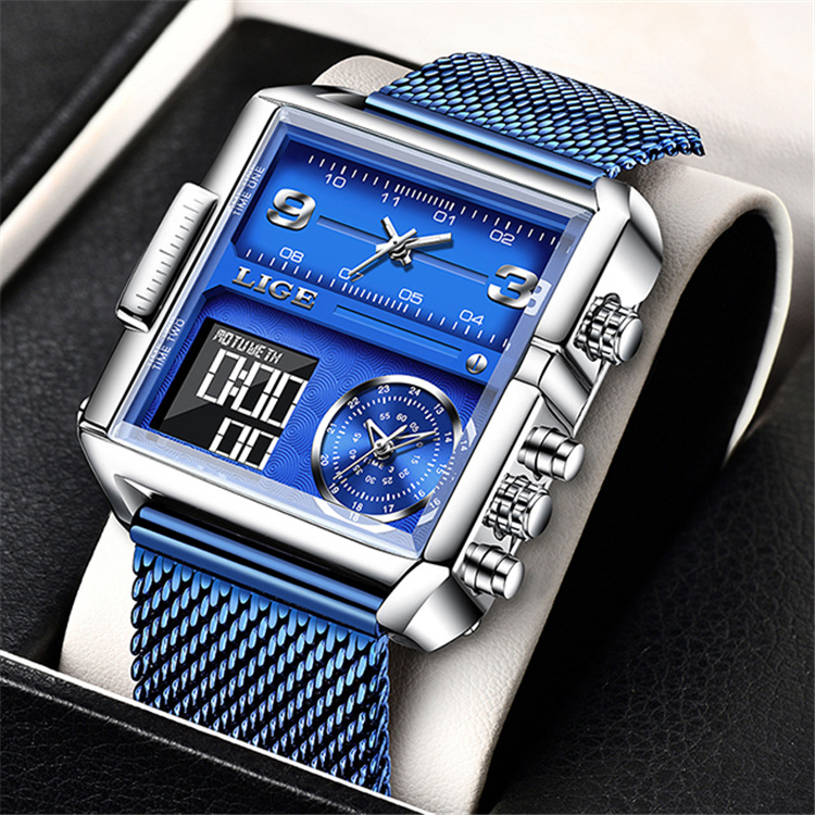 LIGE 8925SS nuevo cinturón de malla placa cuadrada doble pantalla personalidad creativa electrónica de cuarzo reloj de hombre fresco