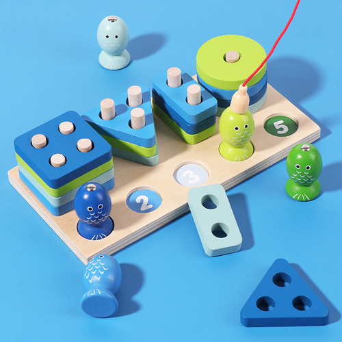 2-in-1 Stereo Magnetic Fishing Set Building Blocks for Kids Montessori Shape Recognition Matching Early Education Wooden Toy