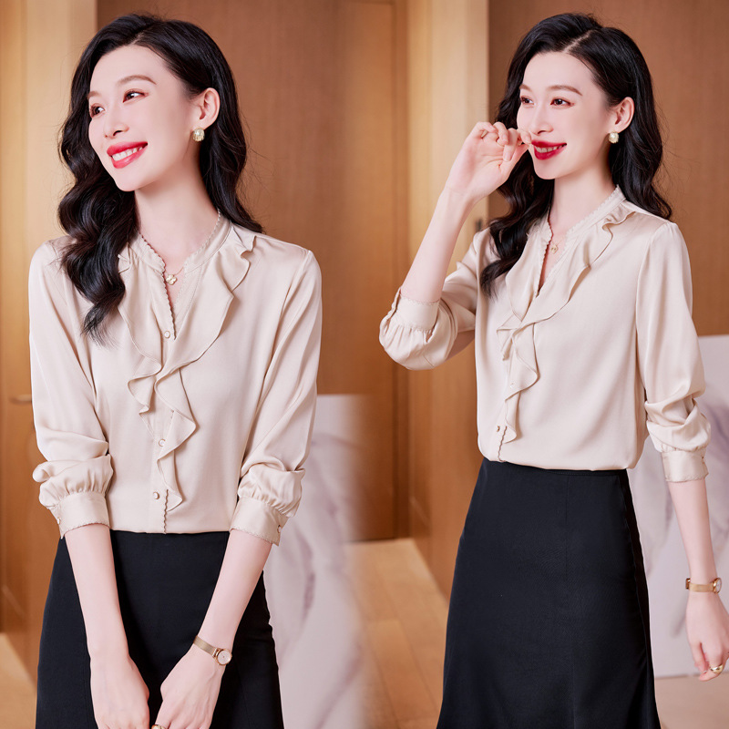 Spring elegant solid color silk fashionable shirt
