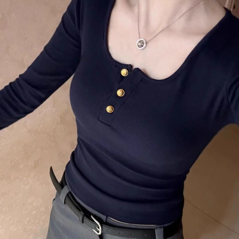 American Retro Long-Sleeved T-Shirt for Women 2025 Spring & Fall New Style U-Neck Sweet and Spicy Top Slimming Look Inner Layering Shirt