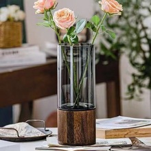 ins风轻奢透明花瓶木托创意餐桌客厅装饰摆件水养水培竖纹鲜花瓶