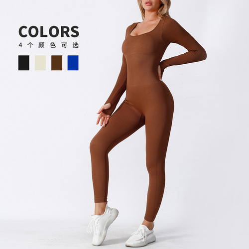 Amazon Seamless One-piece Yoga Suit Long Sleeve Long Pants Autumn/Winter Sports Fitness Suit High Elastic Abdominal Shaping Bodysuit