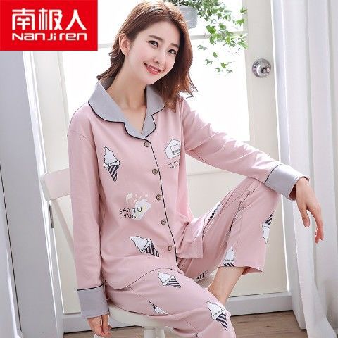 Pijamas de primavera y otoño de las mujeres más el tamaño % de algodón de manga larga traje de dos piezas Otoño e Invierno Delgado se puede usar fuera de casa