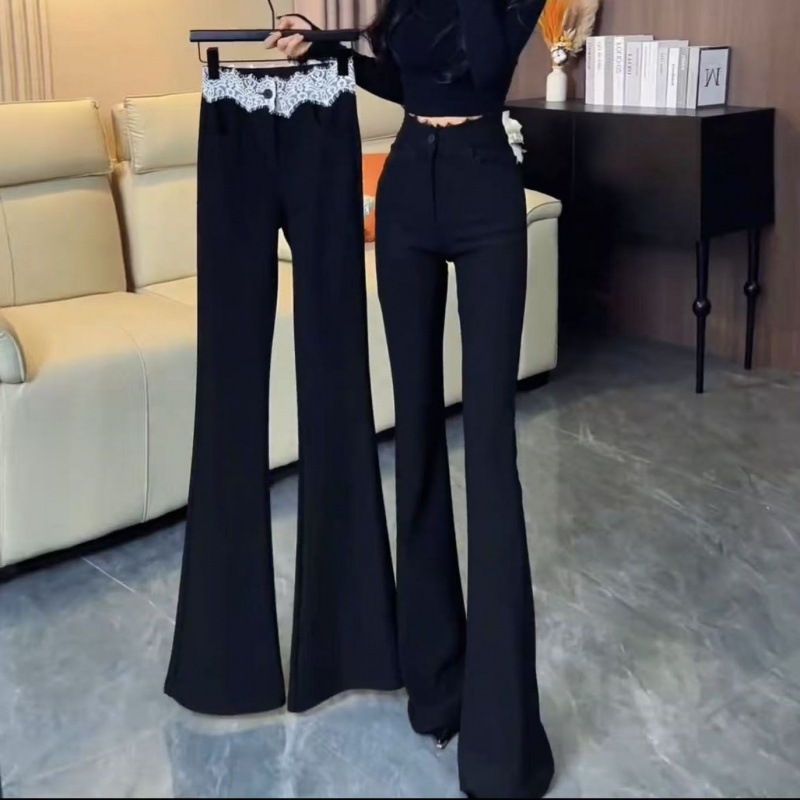 Trendy Lace Spliced Stretchy Flared Pants for Women 2025 Early Spring New Design High-Waisted Stretchy Floor-Length Pants