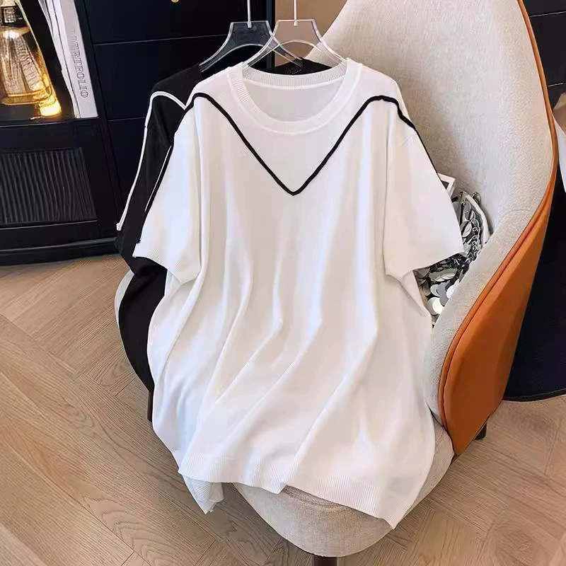 130/300 фунтов большой размер женская толстая сестра из ледяного шелка трикотажная рубашка свободная тонкая с круглым вырезом и короткими рукавами HB2650