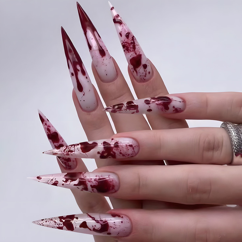 Europe and the United States cross-border wearing French nail art long pointed nail piece blood drops holiday Halloween atmosphere fake nail piece