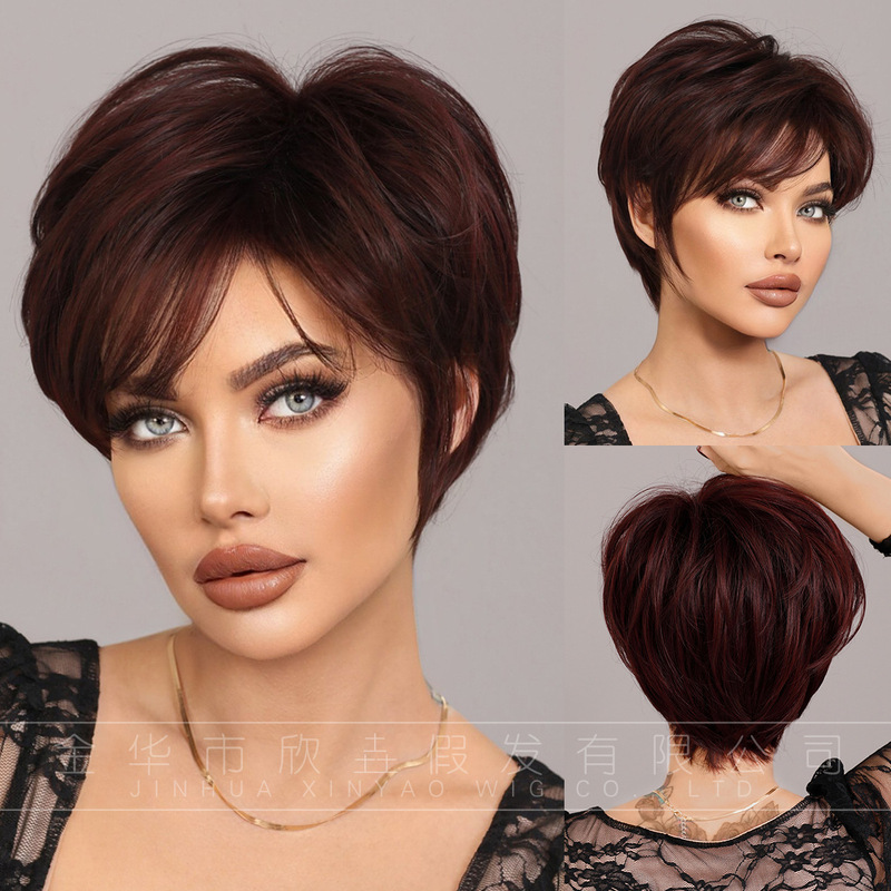 European and American elf wig female white short hair black purple grandma head oblique bangs chemical fiber full head wig factory