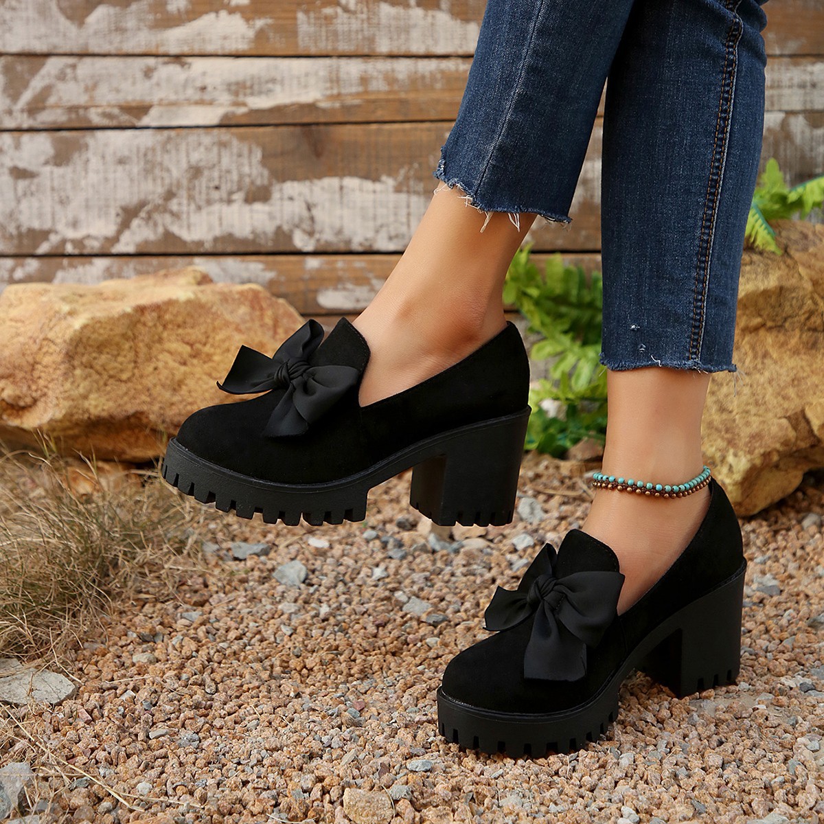 Women's plus Size High Heeled Shoes Bow Details Chunky Heel Platform Spring Fashion Footwear_voghion.com
