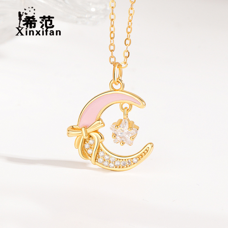 s925纯银星星月亮项链女粉色珐琅甜美蝴蝶结小众设计感时尚颈戴|undefined