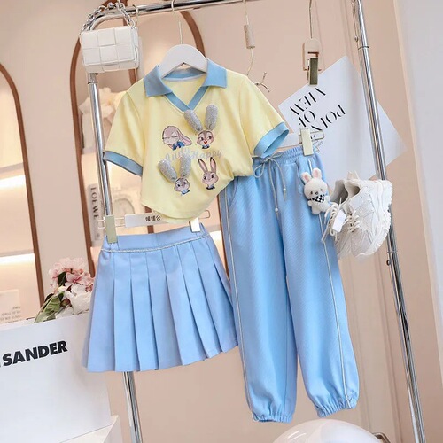 Girls' Summer 2024 New Arrival Children's Casual Two-Piece Set Short-Sleeve Athletic Pants Cartoon Skirt