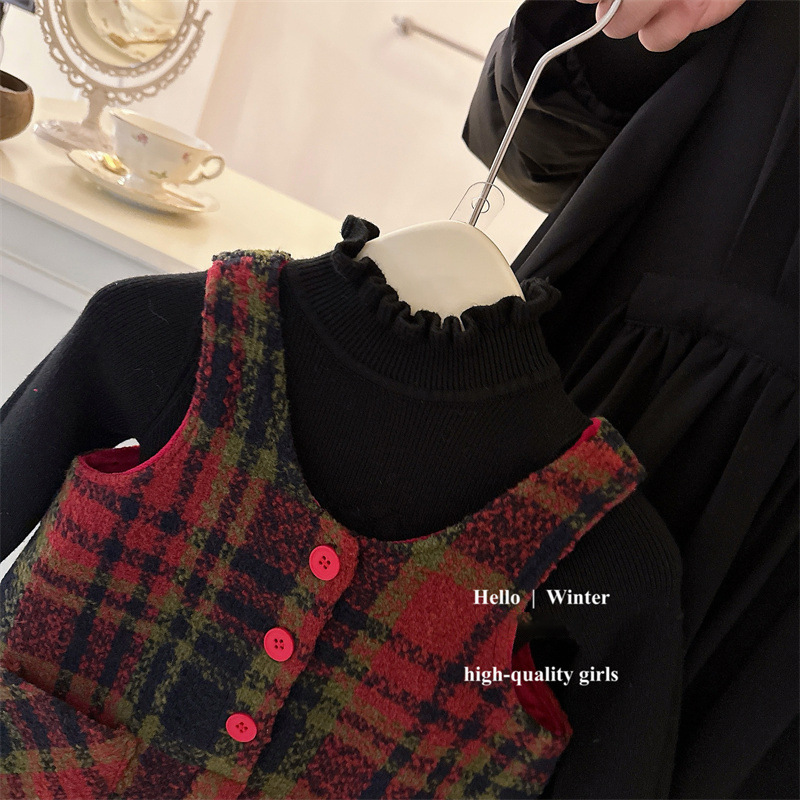 Salty Lime siete niñas vestido de otoño e invierno ropa 23 nuevos niños ropa de felicitación de Año Nuevo niñas Año Nuevo chaleco a cuadros vestido de princesa