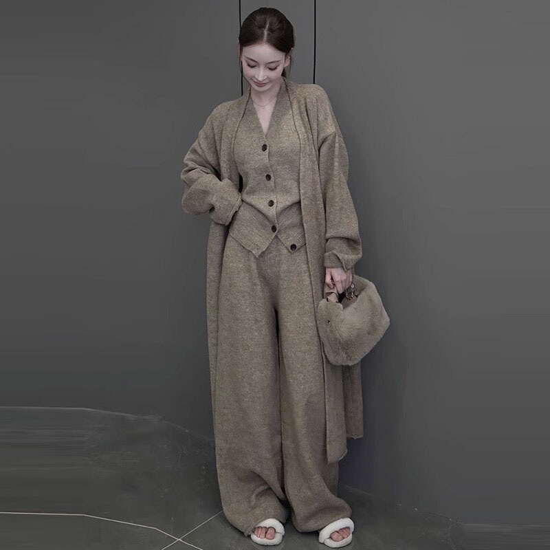 Mid-Length Lazy Knit Set for Women, Autumn and Winter Sweater, Cardigan, Vest, Wide-Leg Pants, Three-Piece Set, Exclusively for Cross-Border Sales Mid-Length Lazy Knit Set for Women, Autumn and Winter Sweater, Cardigan, Vest, Wide-Leg Pants, Three-Piece Set, Exclusively for Cross-Border Sales