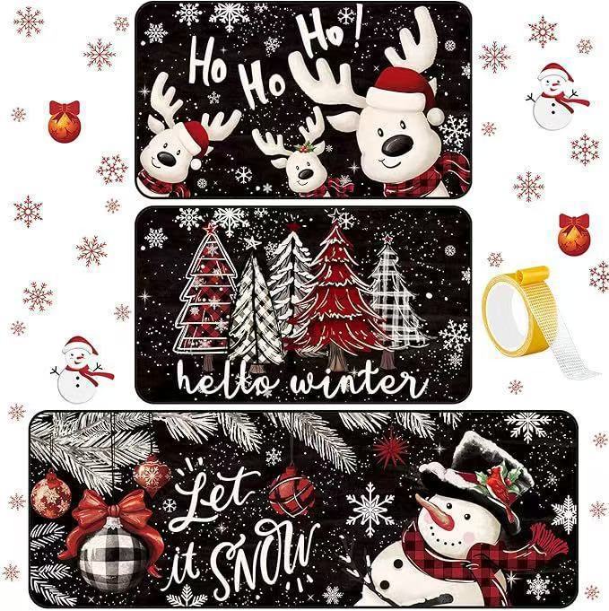 Cross-border Christmas kitchen floor mat three-piece set, corridor dirt-resistant and wear-resistant foot mat, home use long strip dustproof decorative floor mat