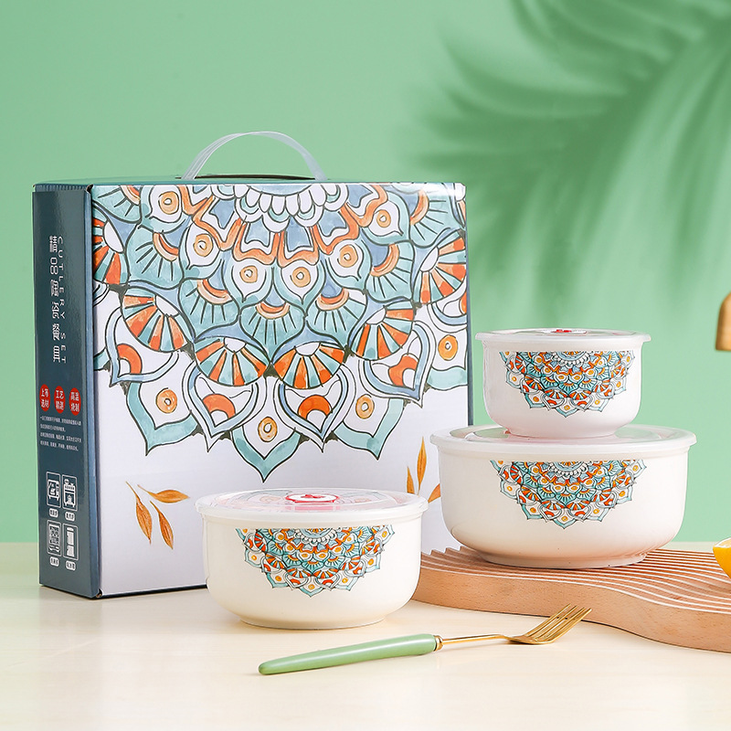 Bohemian Ceramic Bowl Fresh-keeping Bowl Three-piece Bento Box Opening Gift Jewelry Promotion Wholesale Printing LOGO