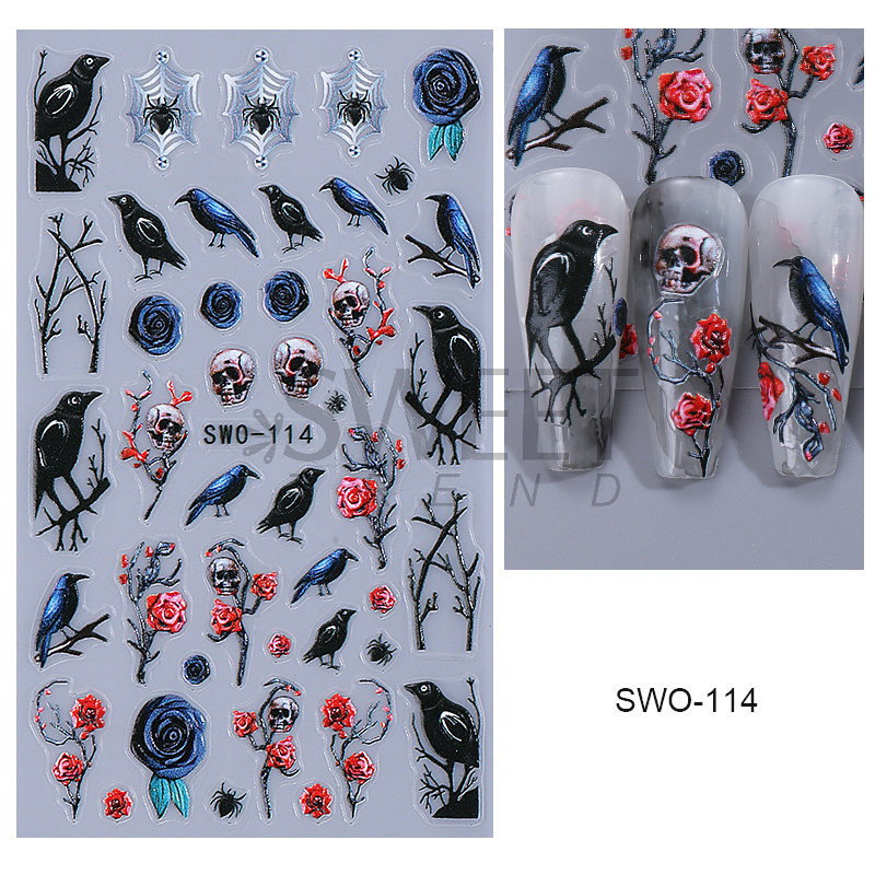 Nuevas pegatinas de uñas de Halloween al por mayor en relieve pájaro carpintero tridimensional rosa oscura calavera pegatinas de uñas transfronterizo