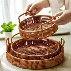 仿藤编零食盘点心茶点水果篮家用客厅蛋糕托盘面包篮子藤编干果盘