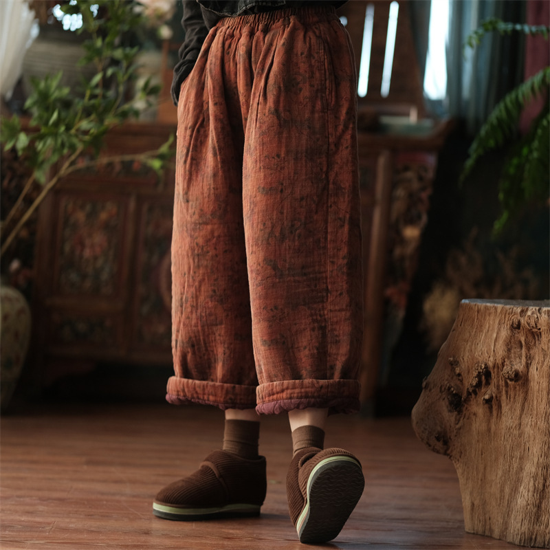 Winter New Ancient Mud Pure Cotton Raw Edge Casual Pants Loose Quilted Elastic Waist Wide Leg Pants 2139 Yulin Ling